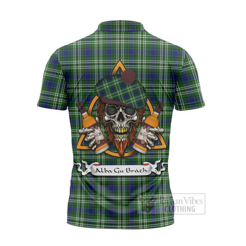 Haliburton Tartan Zipper Polo Shirt with Family Crest and Bearded Skull Holding Bottles of Whiskey