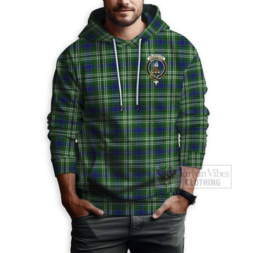 Haliburton Tartan Hoodie with Family Crest and Bearded Skull Holding Bottles of Whiskey