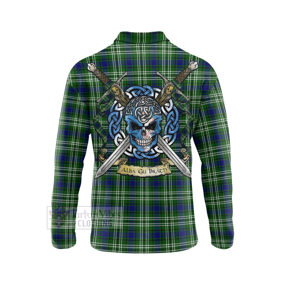 Tartan Vibes Clothing Haliburton Tartan Long Sleeve Polo Shirt with Family Crest Celtic Skull Style