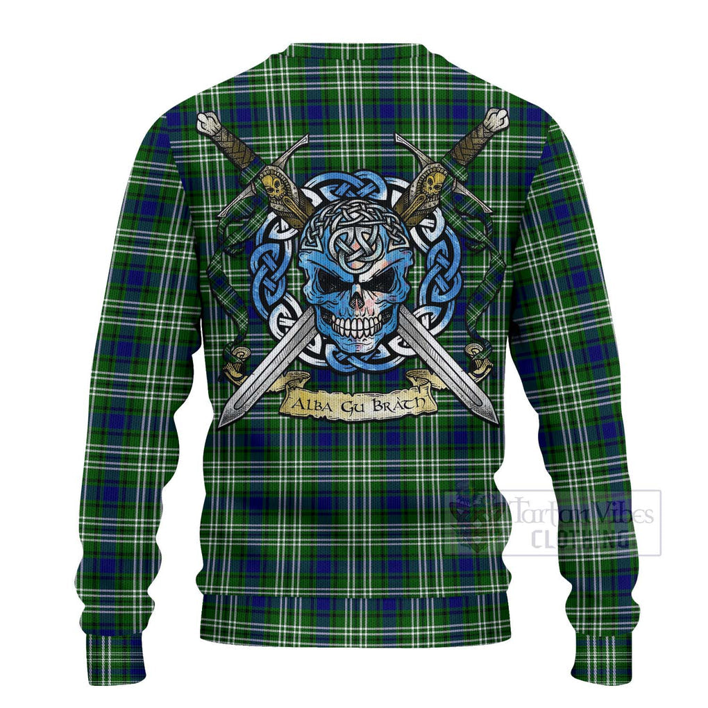 Tartan Vibes Clothing Haliburton Tartan Knitted Sweater with Family Crest Celtic Skull Style