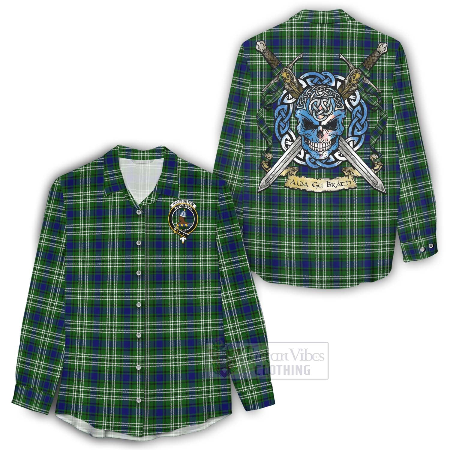 Tartan Vibes Clothing Haliburton Tartan Women's Casual Shirt with Family Crest Celtic Skull Style