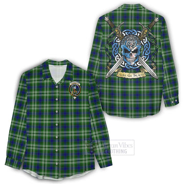 Haliburton Tartan Women's Casual Shirt with Family Crest Celtic Skull Style