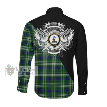 Haliburton Tartan Long Sleeve Button Shirt with Family Crest and Military Logo Style