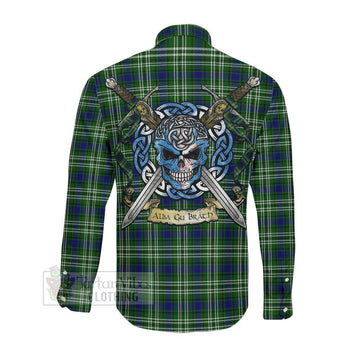 Haliburton Tartan Long Sleeve Button Shirt with Family Crest Celtic Skull Style