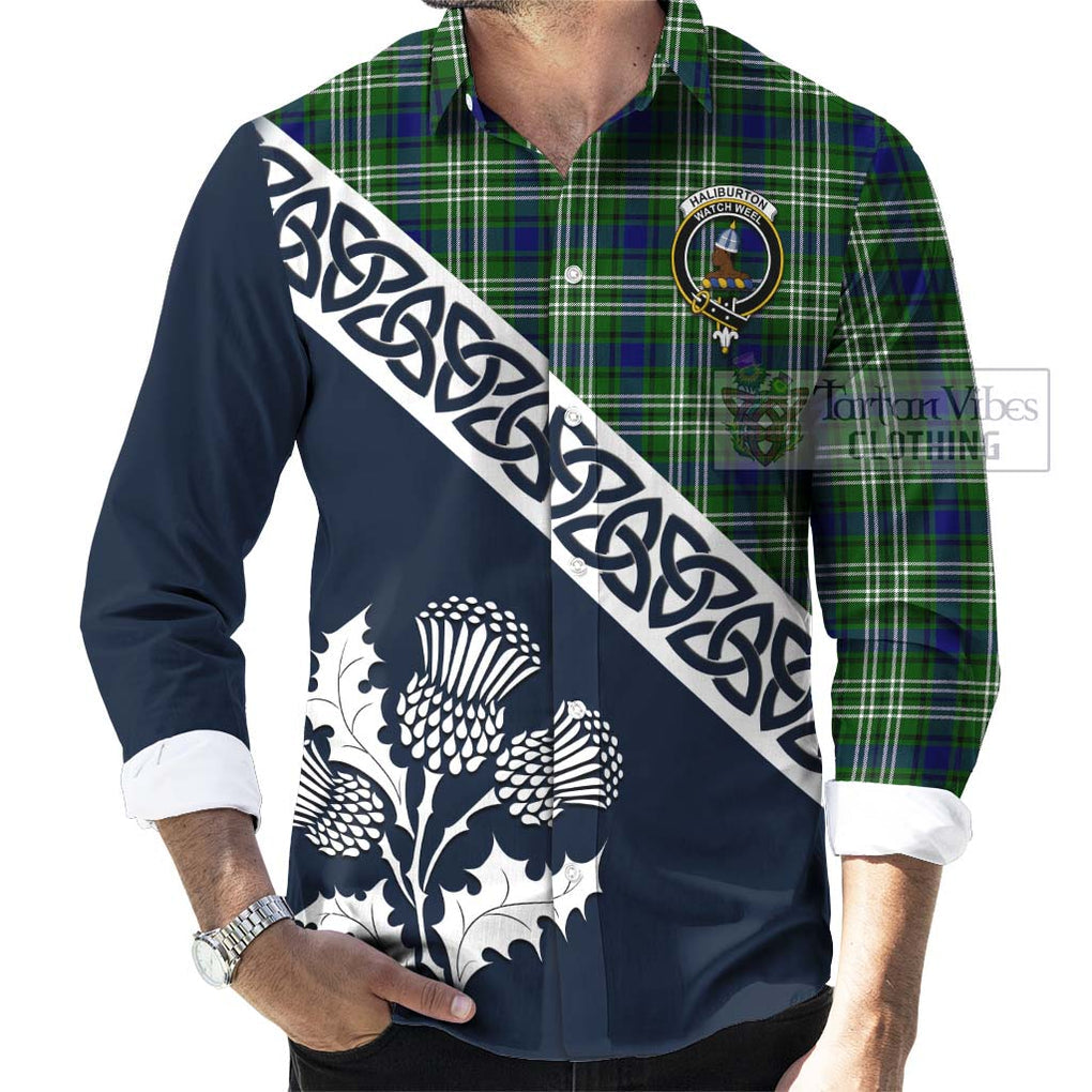 Haliburton Tartan Long Sleeve Button Shirt Featuring Thistle and Scotland Map Men's Shirt - Tartan Vibes Clothing