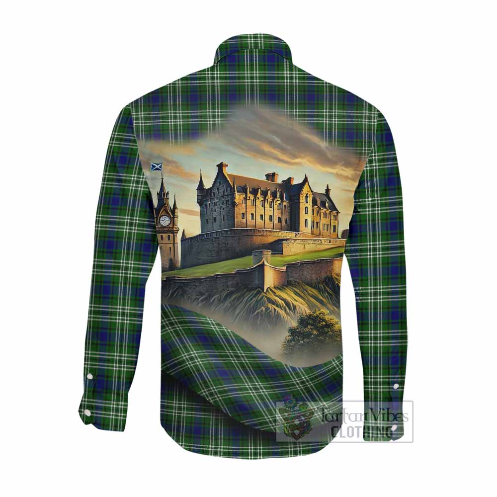 Haliburton Tartan Family Crest Long Sleeve Button Shirt with Scottish Ancient Castle Style Men's Shirt - Tartan Vibes Clothing