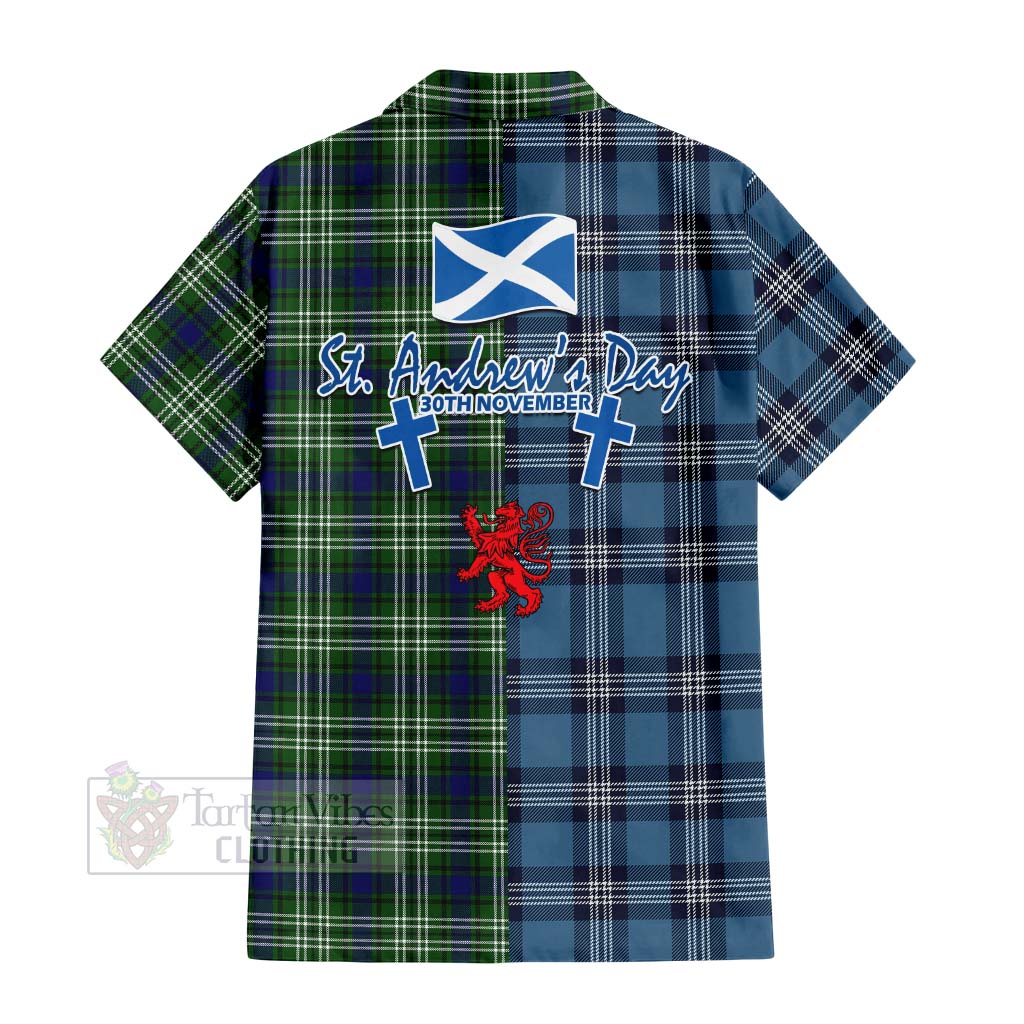 Tartan Vibes Clothing Haliburton Tartan Short Sleeve Button Shirt Happy St. Andrew's Day Half Tartan Style