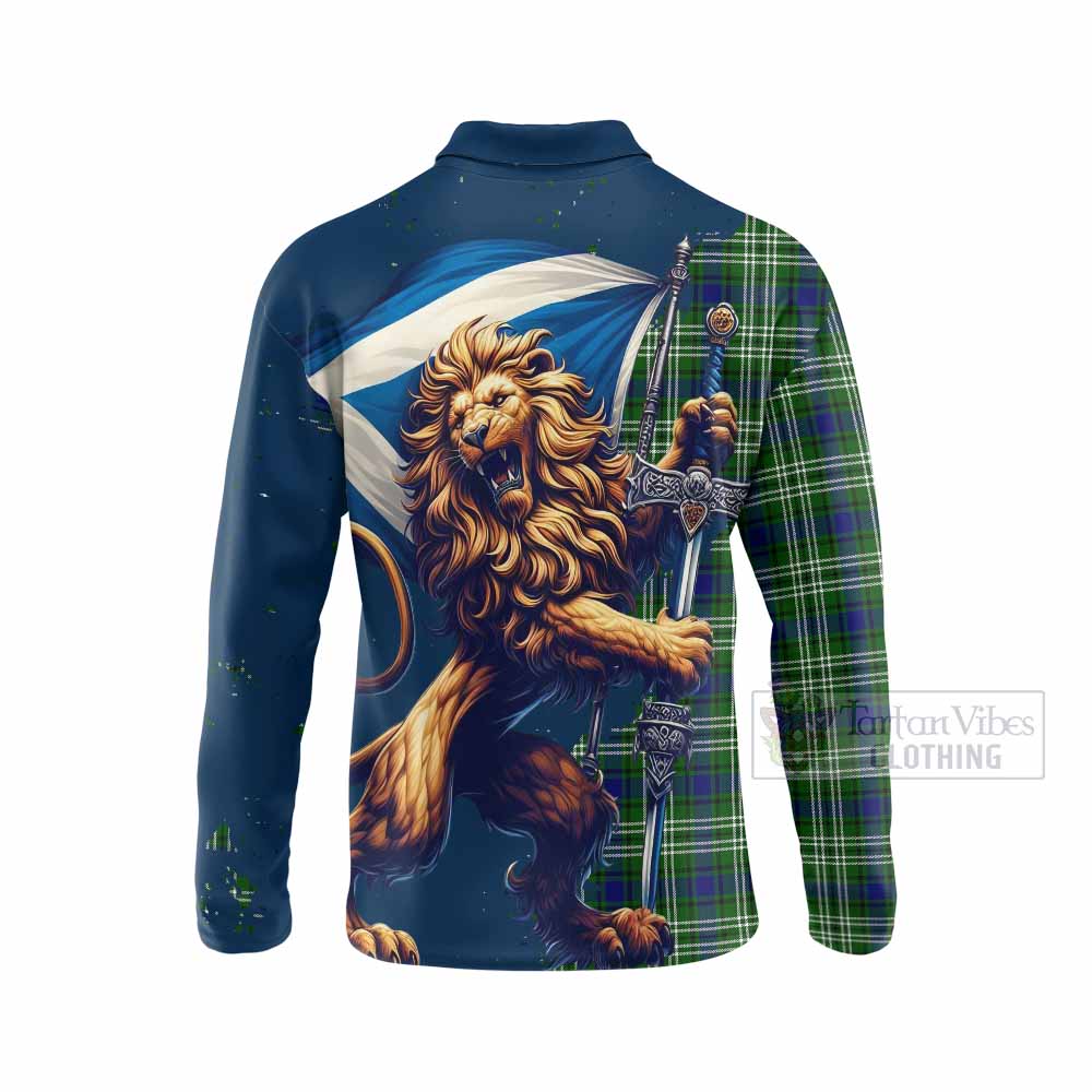 Tartan Vibes Clothing Haliburton Tartan Family Crest Long Sleeve Polo Shirt with Scottish Majestic Lion