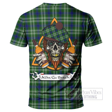 Haliburton Tartan T-Shirt with Family Crest and Bearded Skull Holding Bottles of Whiskey