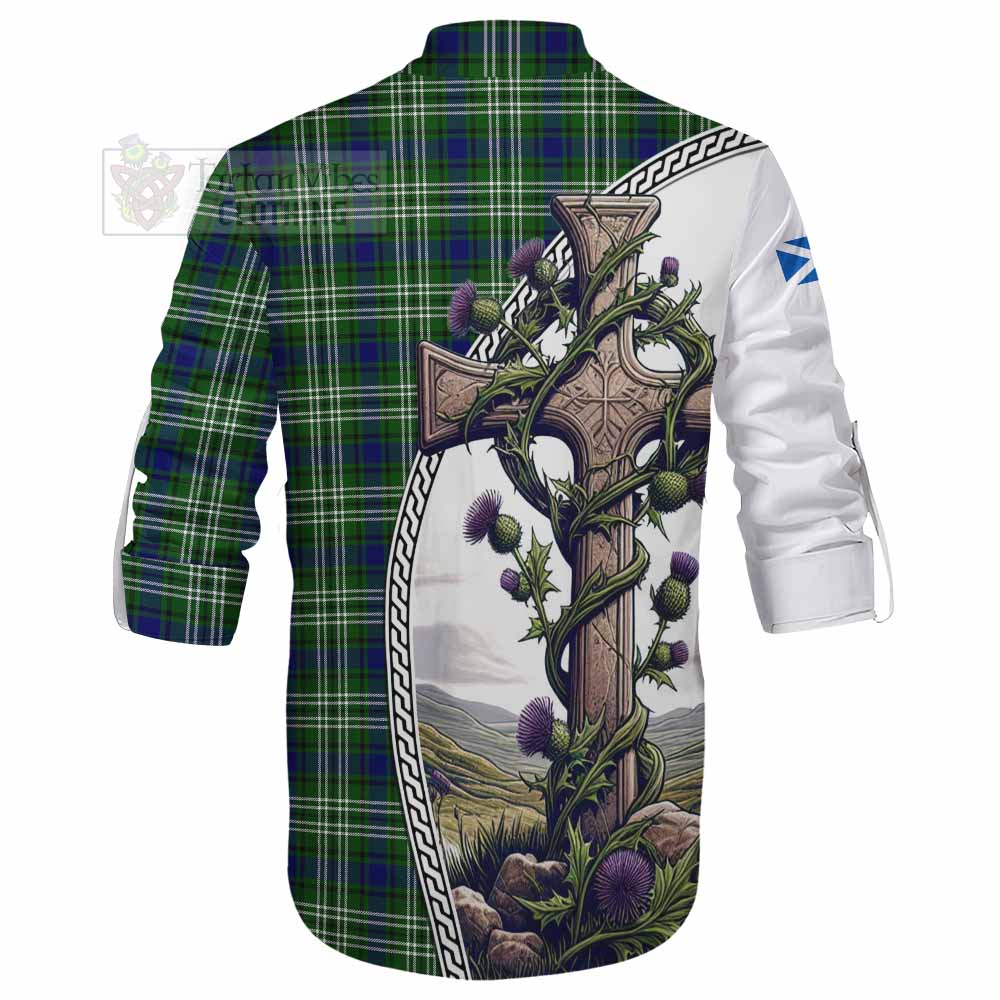 Tartan Vibes Clothing Haliburton Tartan Ghillie Kilt Shirt with Family Crest and St. Andrew's Cross Accented by Thistle Vines