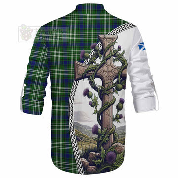 Haliburton Tartan Ghillie Kilt Shirt with Family Crest and St. Andrew's Cross Accented by Thistle Vines