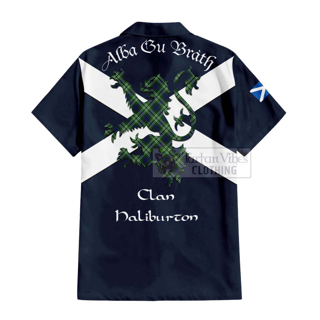 Tartan Vibes Clothing Haliburton Tartan Lion Rampant Short Sleeve Button Shirt – Proudly Display Your Heritage with Alba Gu Brath and Clan Name