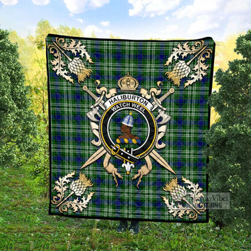 Haliburton Tartan Quilt with Family Crest and Golden Thistle Crossed Sword Design