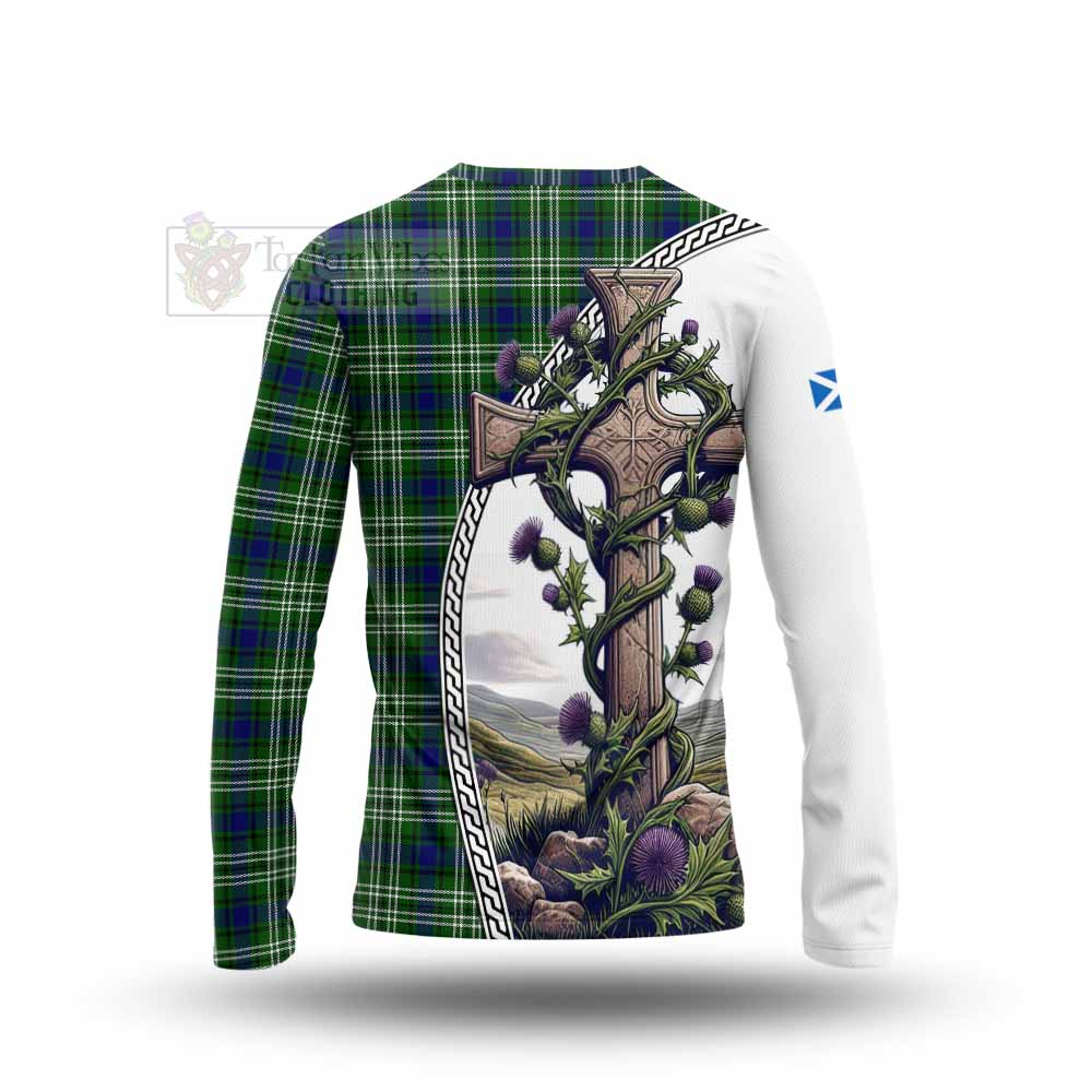 Tartan Vibes Clothing Haliburton Tartan Long Sleeve T-Shirt with Family Crest and St. Andrew's Cross Accented by Thistle Vines