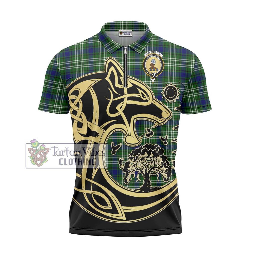 Haliburton Tartan Zipper Polo Shirt with Family Crest Celtic Wolf Style - Tartanvibesclothing Shop