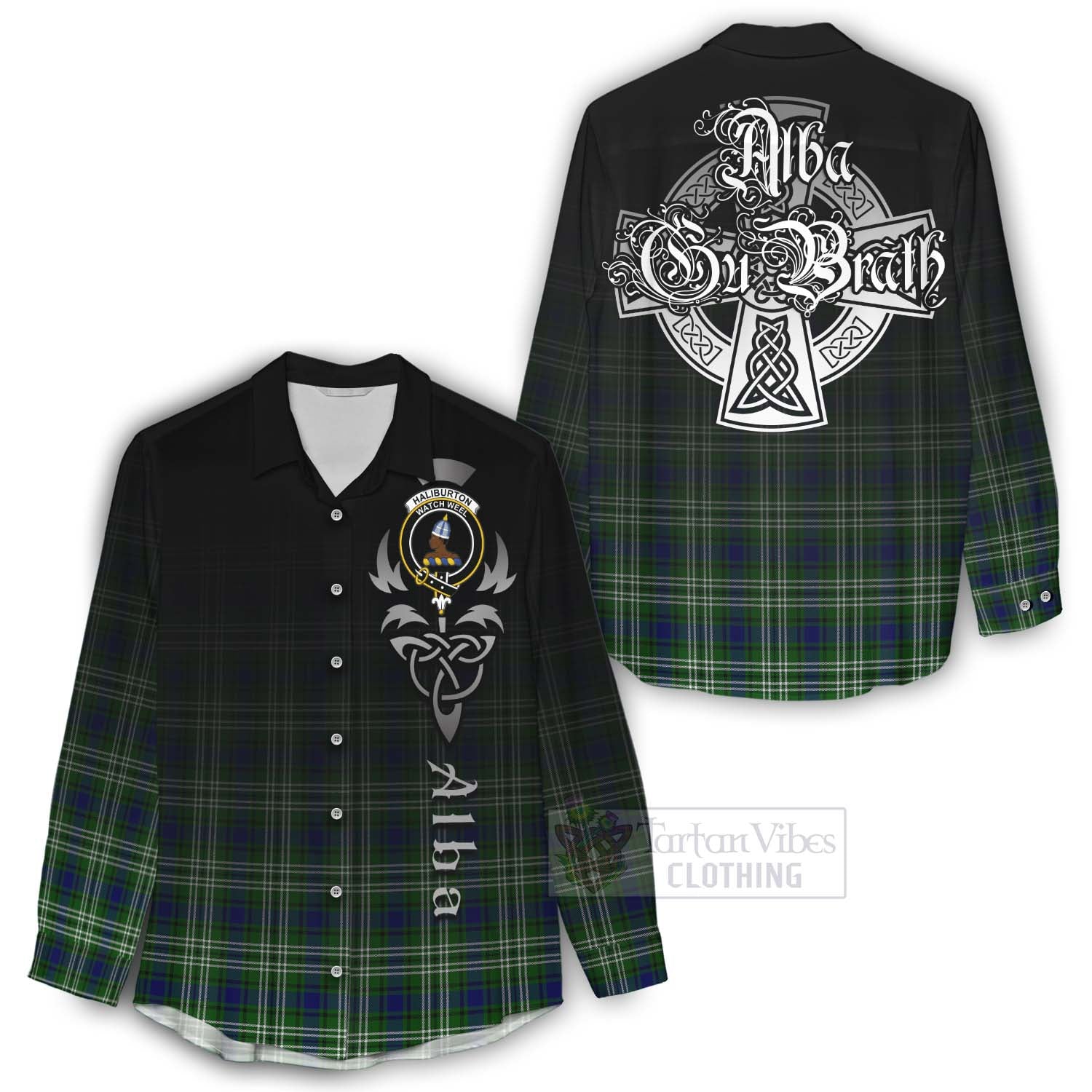 Tartan Vibes Clothing Haliburton Tartan Women's Casual Shirt Featuring Alba Gu Brath Family Crest Celtic Inspired