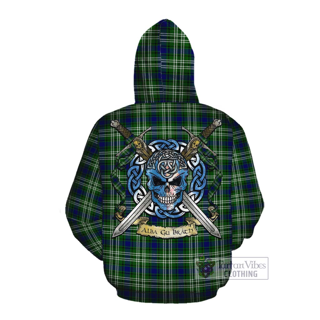 Tartan Vibes Clothing Haliburton Tartan Cotton Hoodie with Family Crest Celtic Skull Style