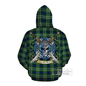 Haliburton Tartan Cotton Hoodie with Family Crest Celtic Skull Style