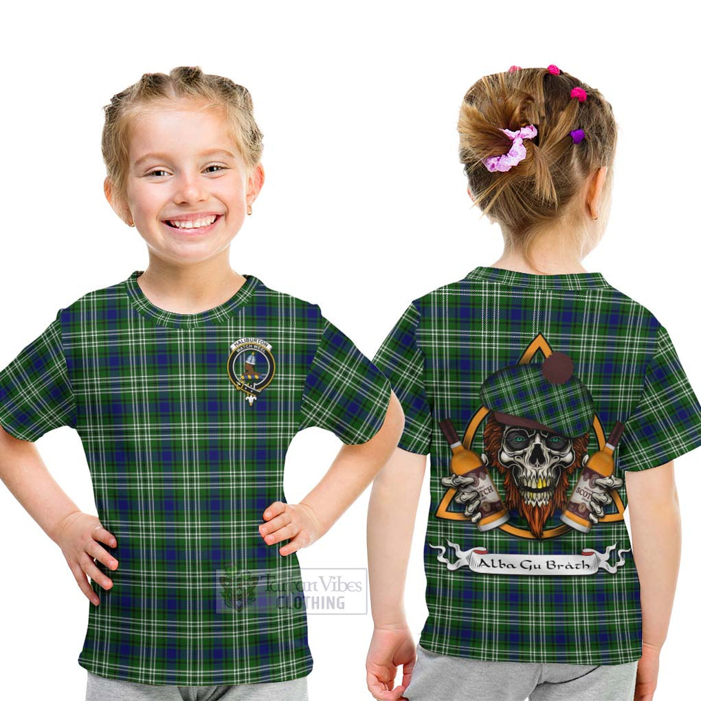 Tartan Vibes Clothing Haliburton Tartan Kid T-Shirt with Family Crest and Bearded Skull Holding Bottles of Whiskey