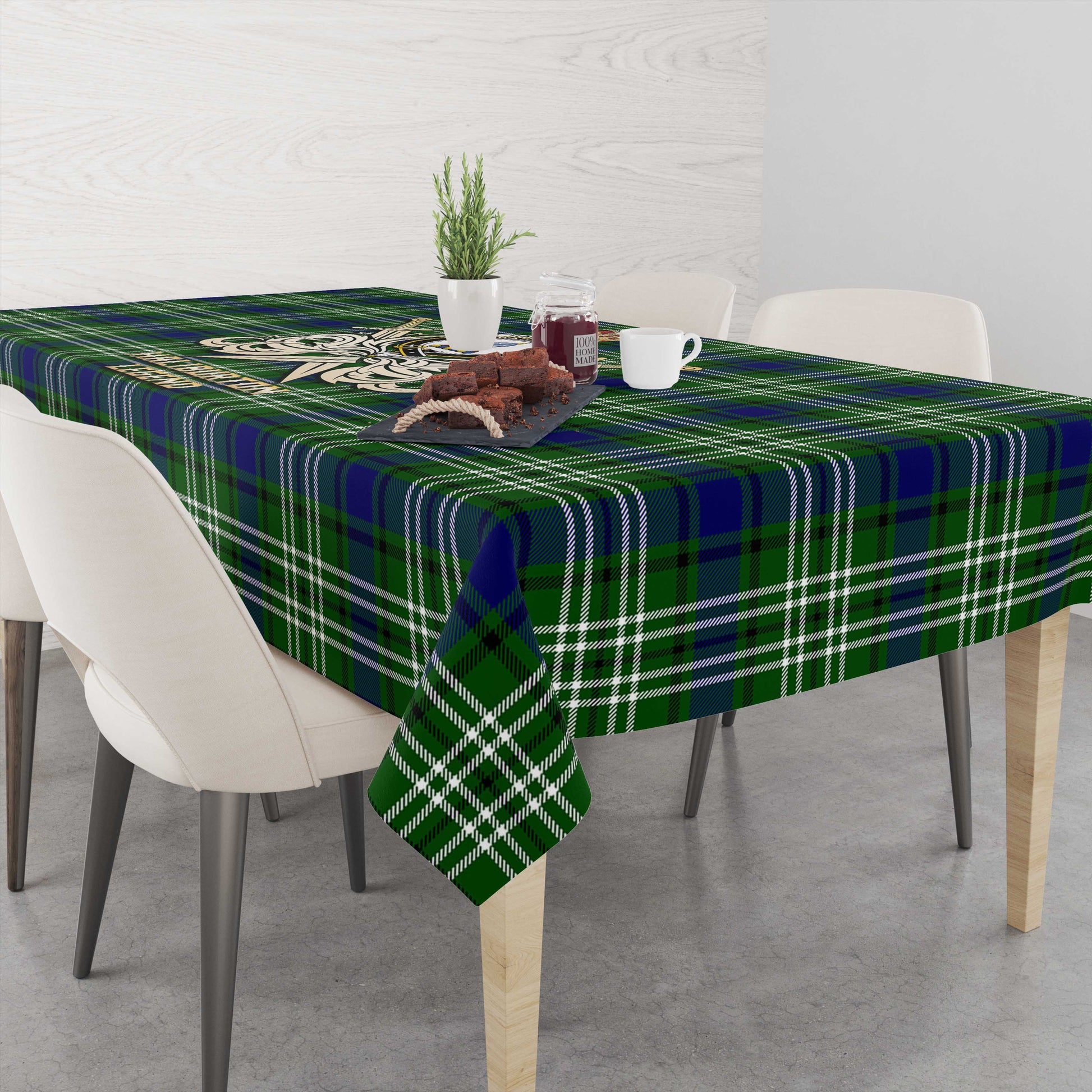 Tartan Vibes Clothing Haliburton Tartan Tablecloth with Clan Crest and the Golden Sword of Courageous Legacy