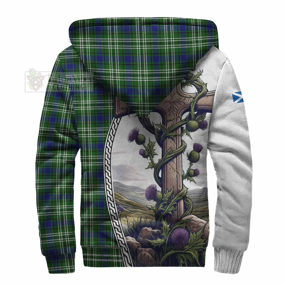 Tartan Vibes Clothing Haliburton Tartan Sherpa Hoodie with Family Crest and St. Andrew's Cross Accented by Thistle Vines