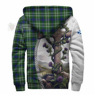 Haliburton Tartan Sherpa Hoodie with Family Crest and St. Andrew's Cross Accented by Thistle Vines