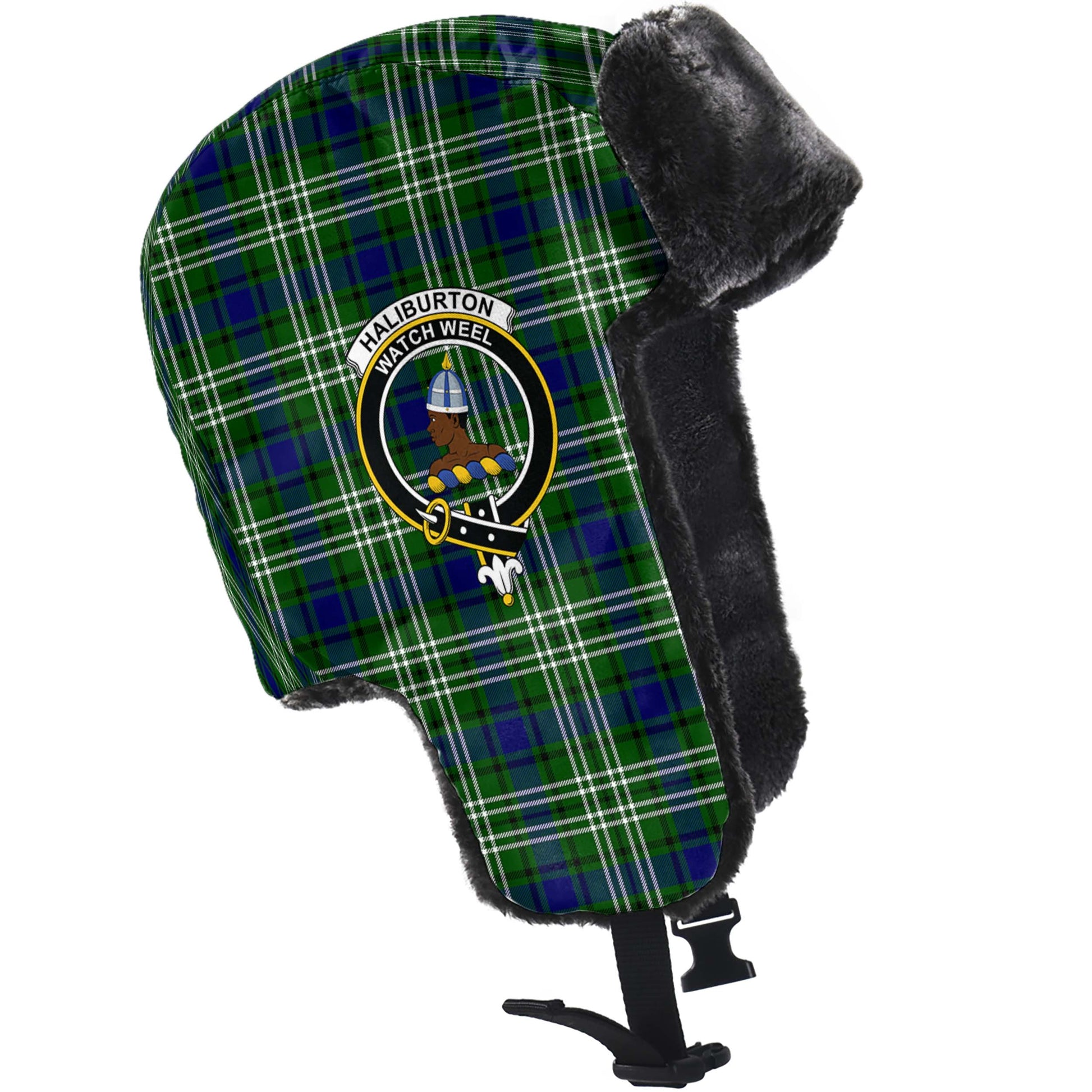 Haliburton Tartan Winter Trapper Hat with Family Crest - Tartanvibesclothing