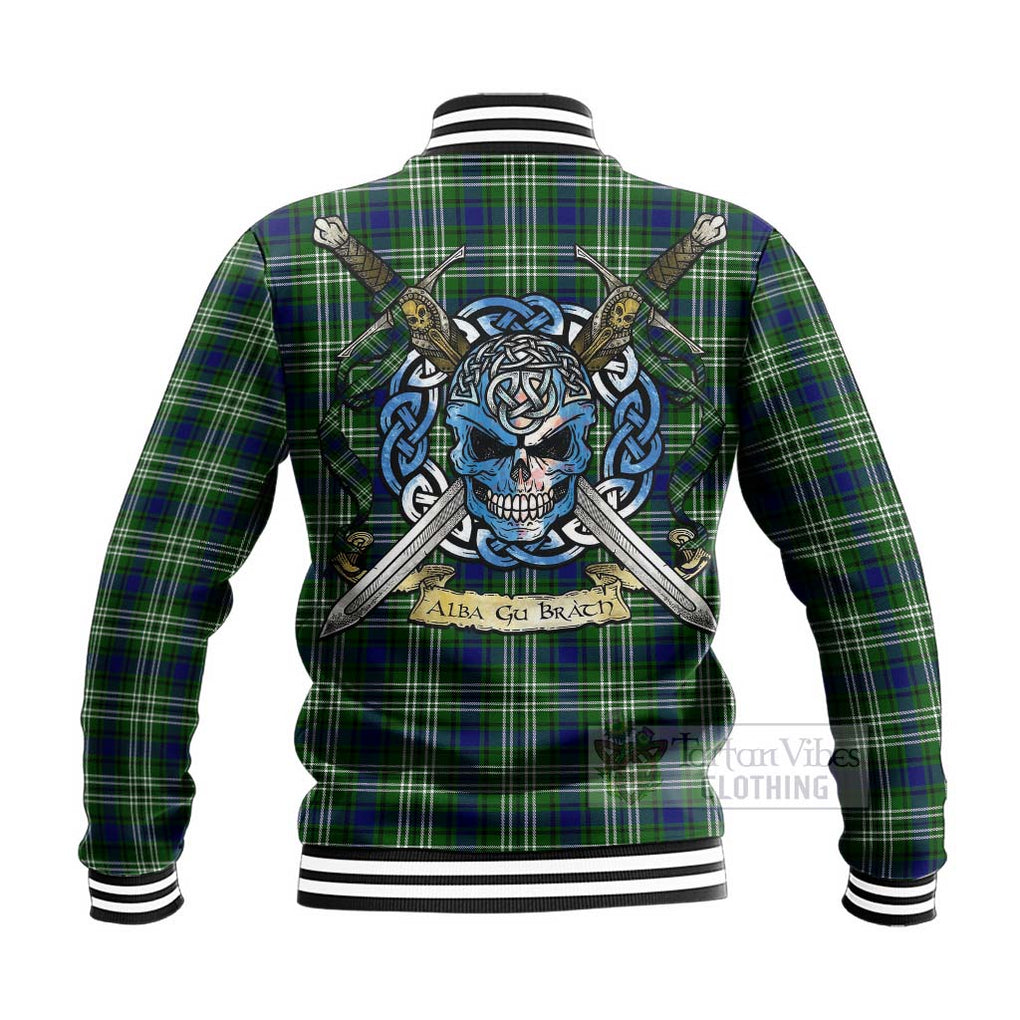 Tartan Vibes Clothing Haliburton Tartan Baseball Jacket with Family Crest Celtic Skull Style