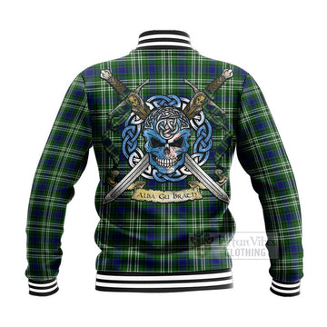 Haliburton Tartan Baseball Jacket with Family Crest Celtic Skull Style