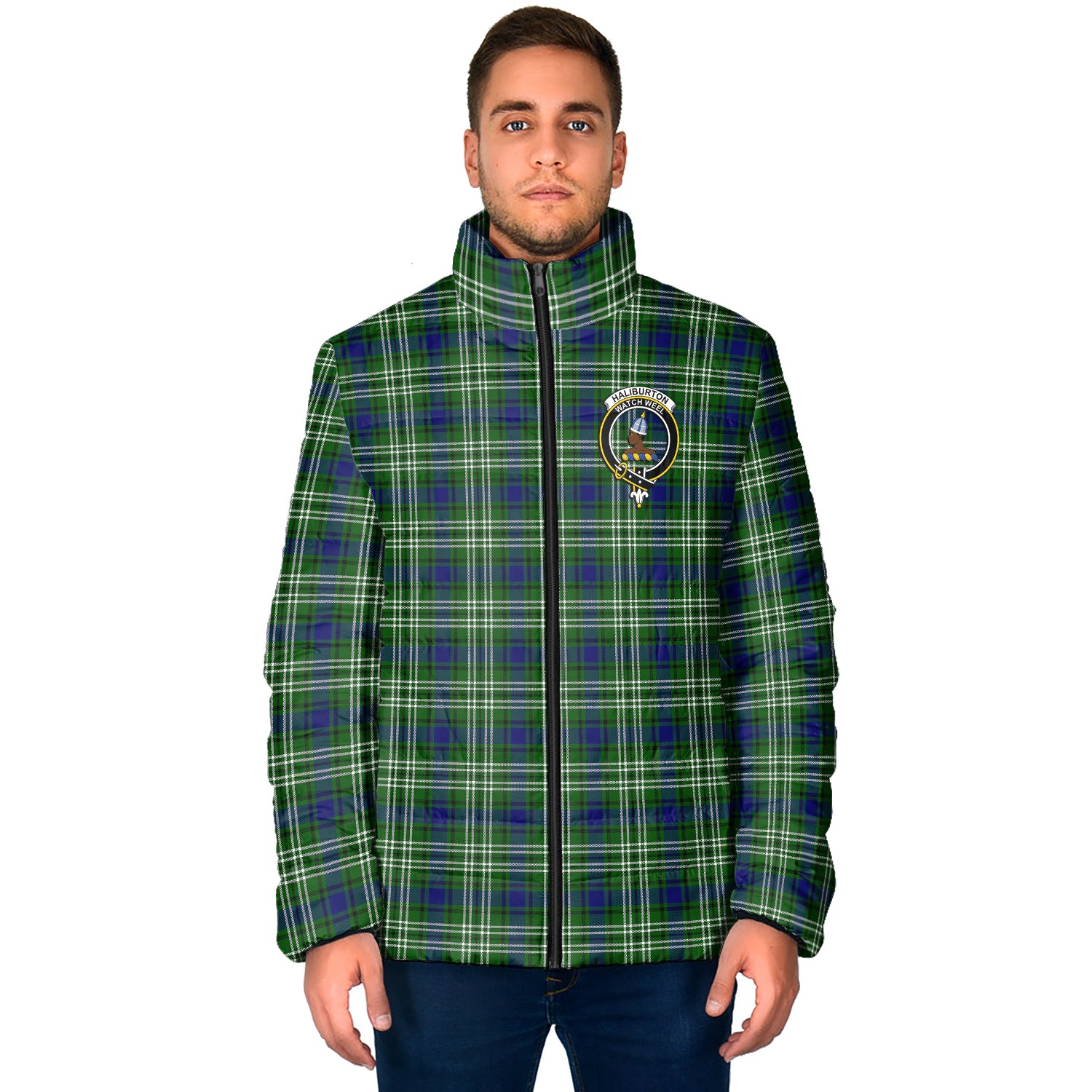 Haliburton Tartan Padded Jacket with Family Crest - Tartanvibesclothing