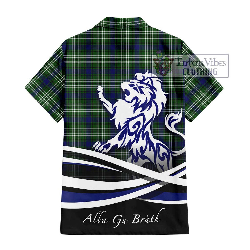 Haliburton Tartan Short Sleeve Button Shirt with Alba Gu Brath Regal Lion Emblem - Tartanvibesclothing Shop