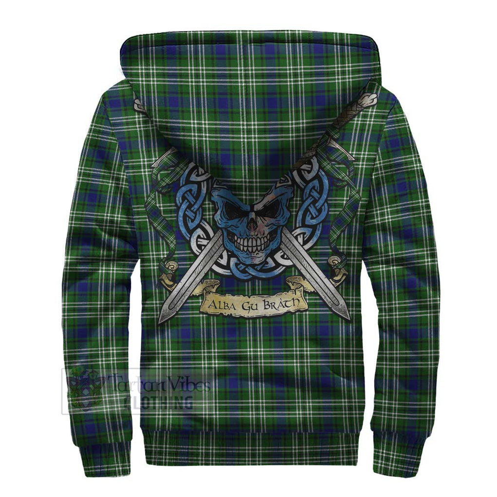 Tartan Vibes Clothing Haliburton Tartan Sherpa Hoodie with Family Crest Celtic Skull Style