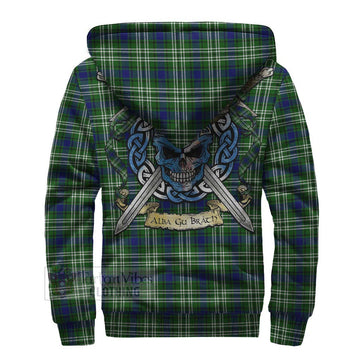 Haliburton Tartan Sherpa Hoodie with Family Crest Celtic Skull Style