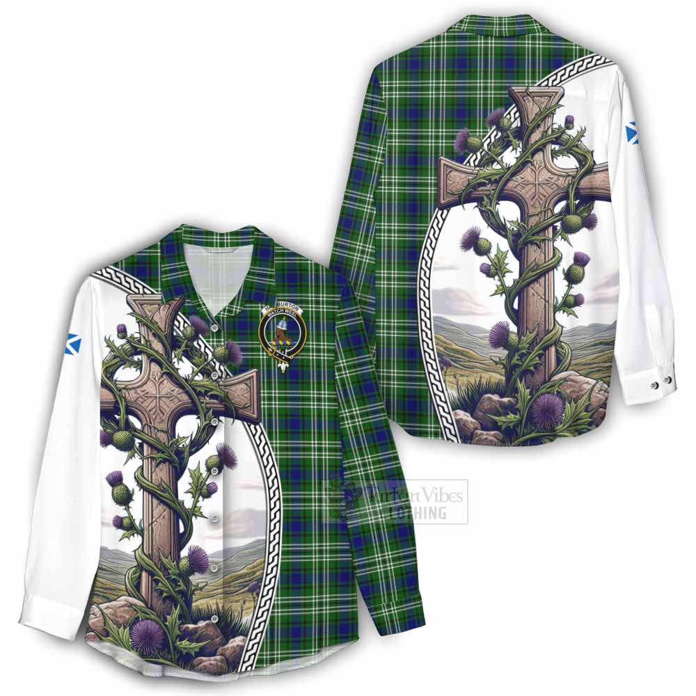 Tartan Vibes Clothing Haliburton Tartan Women's Casual Shirt with Family Crest and St. Andrew's Cross Accented by Thistle Vines