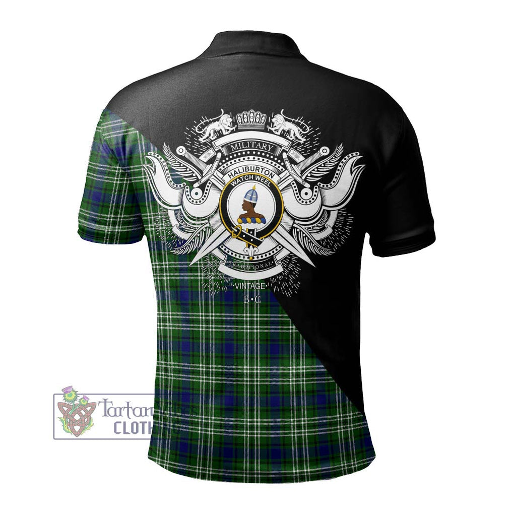 Haliburton Tartan Polo Shirt with Family Crest and Military Logo Style - Tartanvibesclothing Shop