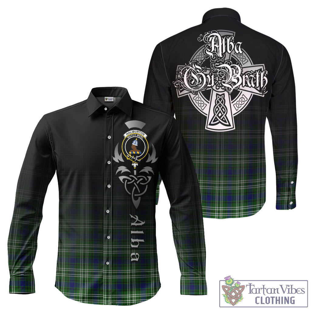 Tartan Vibes Clothing Haliburton Tartan Long Sleeve Button Up Featuring Alba Gu Brath Family Crest Celtic Inspired