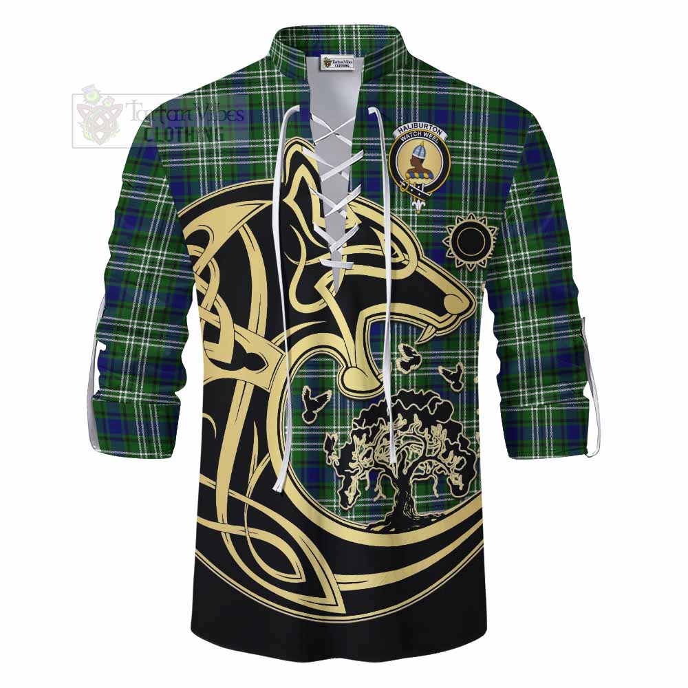 Tartan Vibes Clothing Haliburton Tartan Ghillie Kilt Shirt with Family Crest Celtic Wolf Style