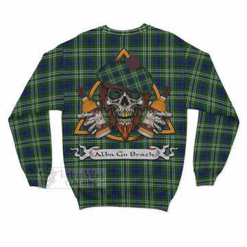 Haliburton Tartan Sweatshirt with Family Crest and Bearded Skull Holding Bottles of Whiskey