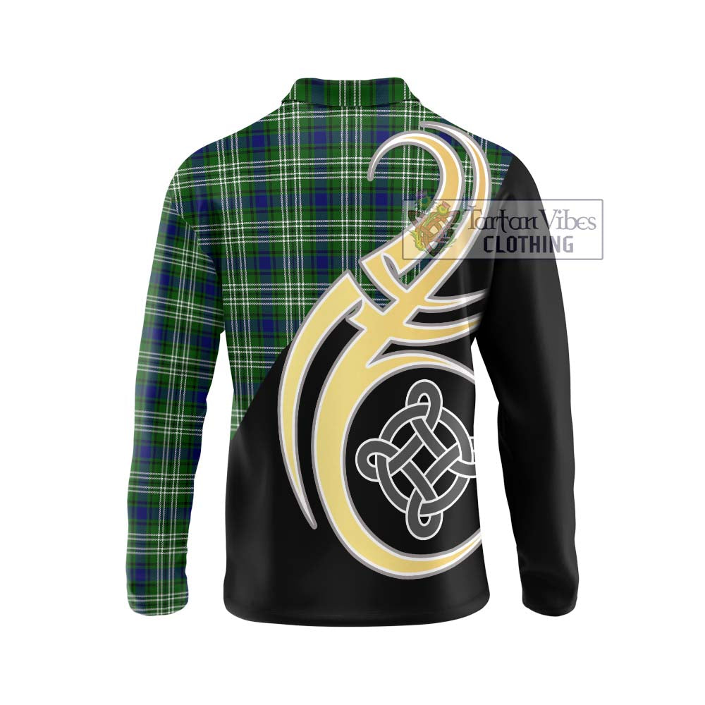 Haliburton Tartan Long Sleeve Polo Shirt with Family Crest and Celtic Symbol Style - Tartan Vibes Clothing