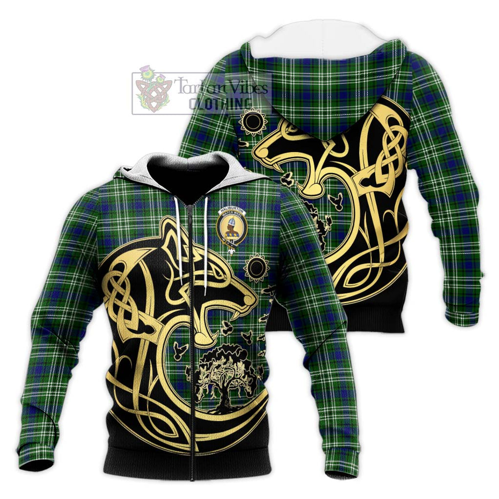 Haliburton Tartan Knitted Hoodie with Family Crest Celtic Wolf Style Unisex Knitted Zip Hoodie - Tartan Vibes Clothing