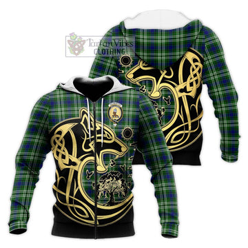 Haliburton Tartan Knitted Hoodie with Family Crest Celtic Wolf Style