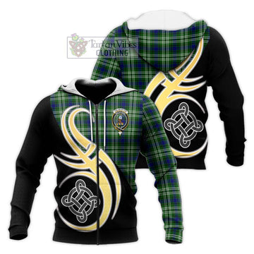 Haliburton Tartan Knitted Hoodie with Family Crest and Celtic Symbol Style