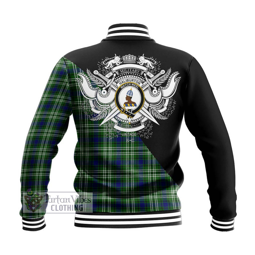 Haliburton Tartan Baseball Jacket with Family Crest and Military Logo Style - Tartanvibesclothing Shop