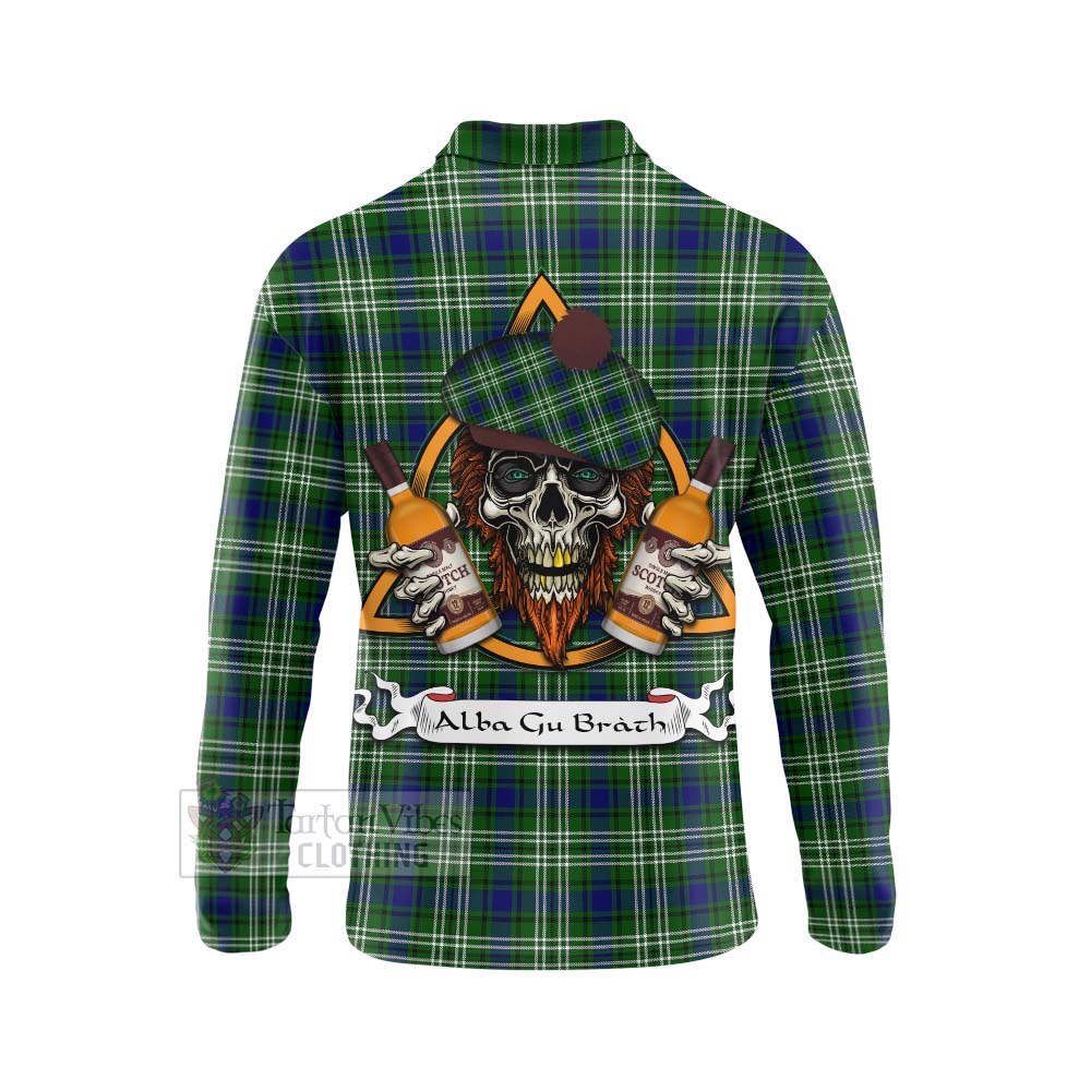 Tartan Vibes Clothing Haliburton Tartan Long Sleeve Polo Shirt with Family Crest and Bearded Skull Holding Bottles of Whiskey