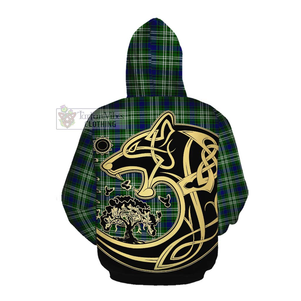 Tartan Vibes Clothing Haliburton Tartan Cotton Hoodie with Family Crest Celtic Wolf Style