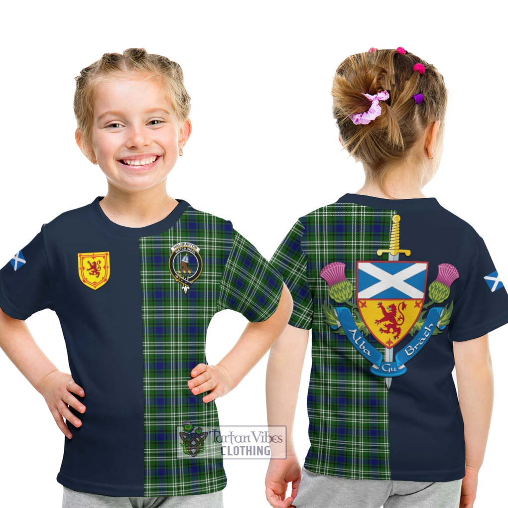 Tartan Vibes Clothing Haliburton Tartan Kid T-Shirt with Scottish Lion Royal Arm Half Style