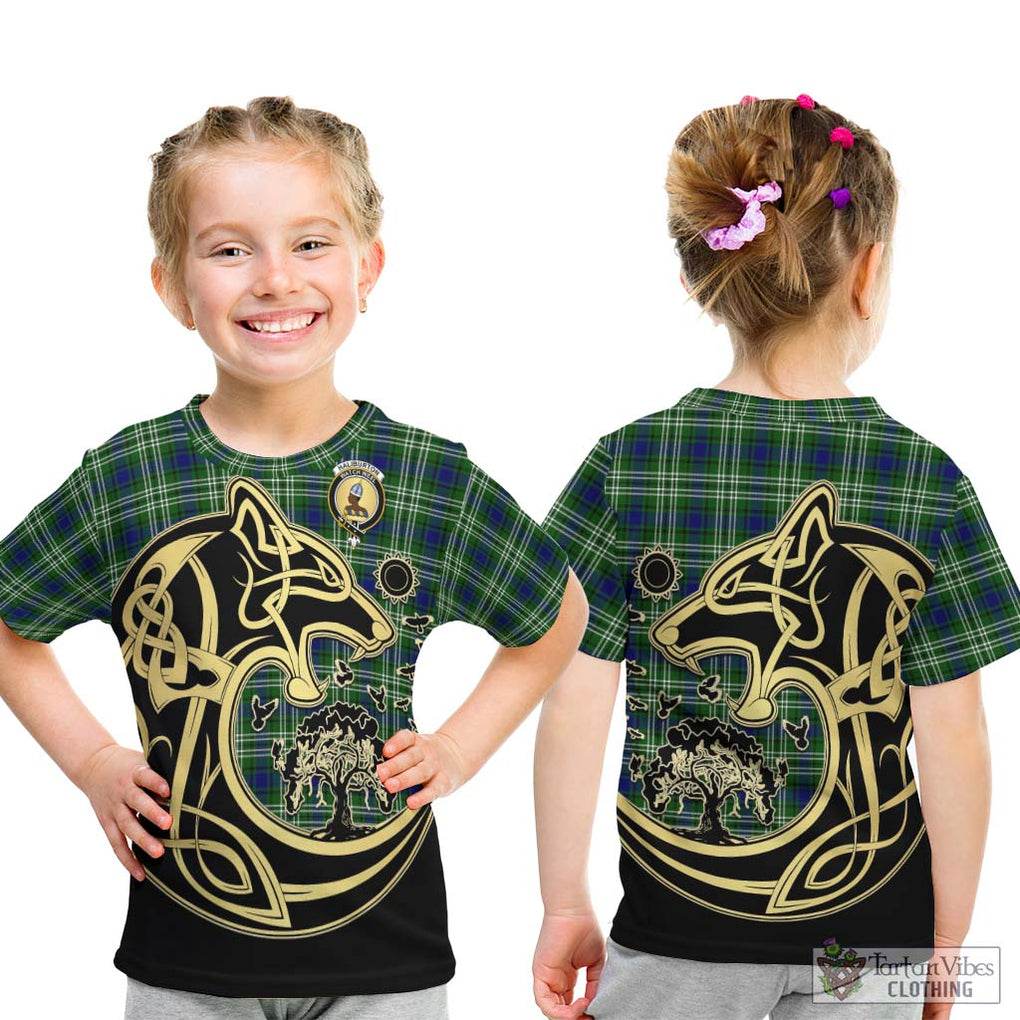 Haliburton Tartan Kid T-Shirt with Family Crest Celtic Wolf Style - Tartan Vibes Clothing