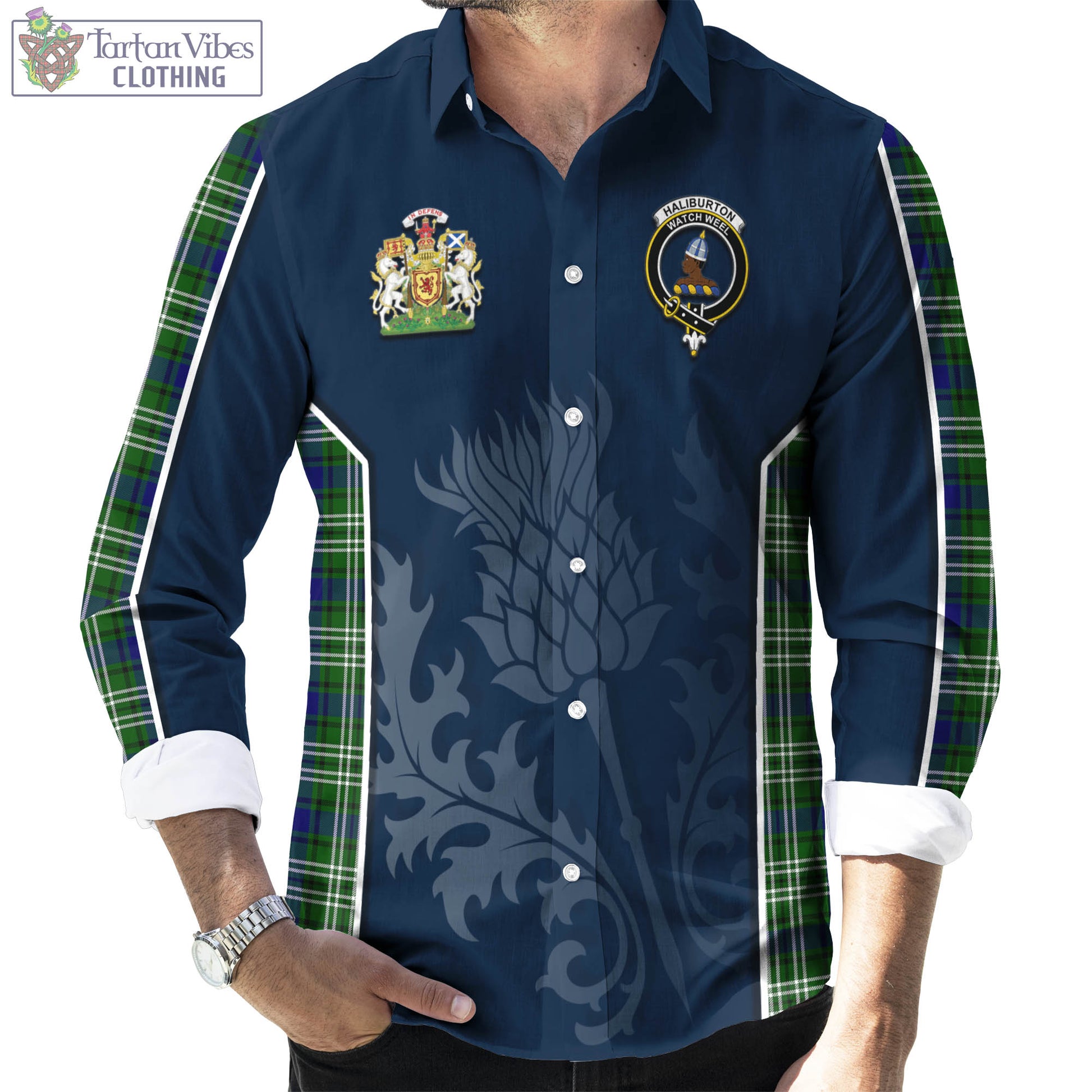 Tartan Vibes Clothing Haliburton Tartan Long Sleeve Button Up Shirt with Family Crest and Scottish Thistle Vibes Sport Style