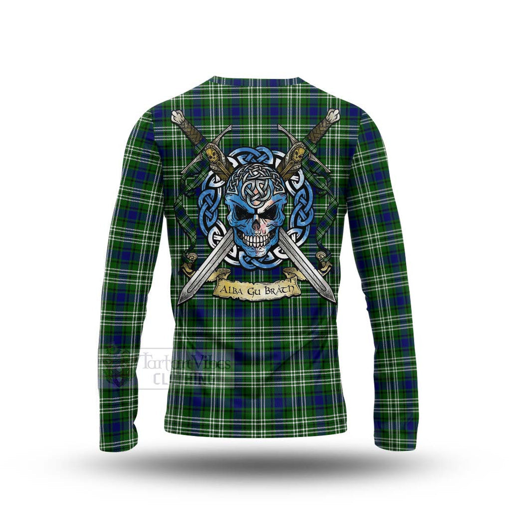 Tartan Vibes Clothing Haliburton Tartan Long Sleeve T-Shirt with Family Crest Celtic Skull Style