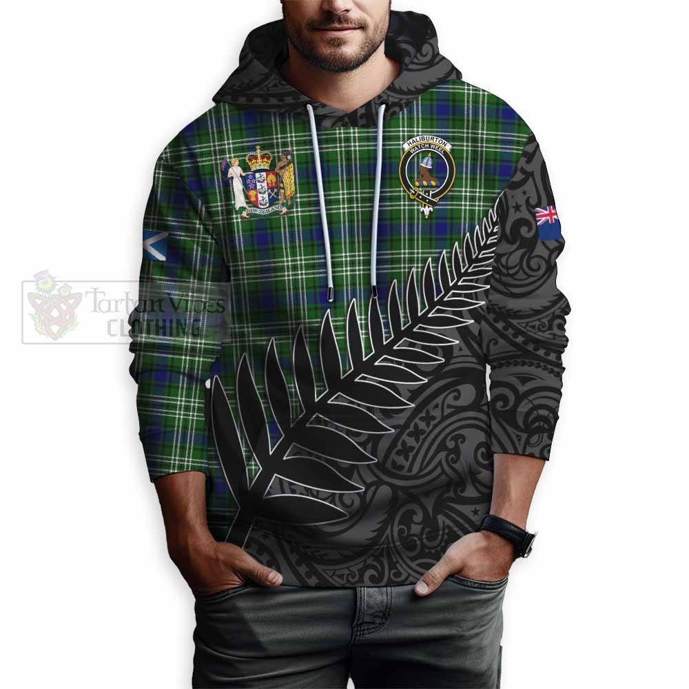 Tartan Vibes Clothing Haliburton Crest Tartan Hoodie with New Zealand Silver Fern Half Style